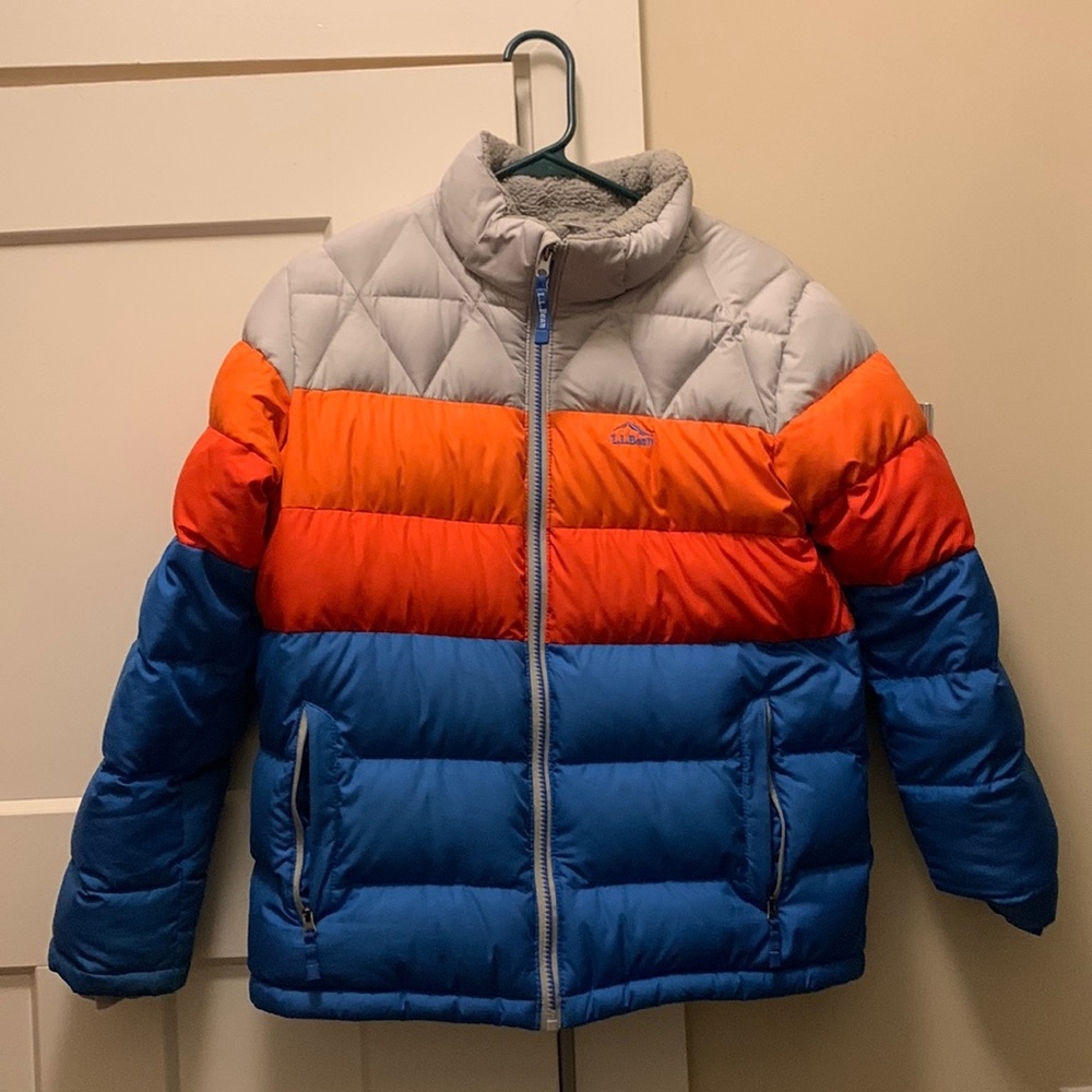 L.L. Bean Size L Color Block Down Puffer Jacket with removable hood
